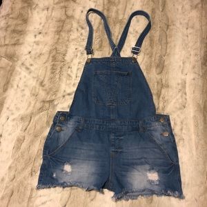 Distressed Denim Overall Shorts